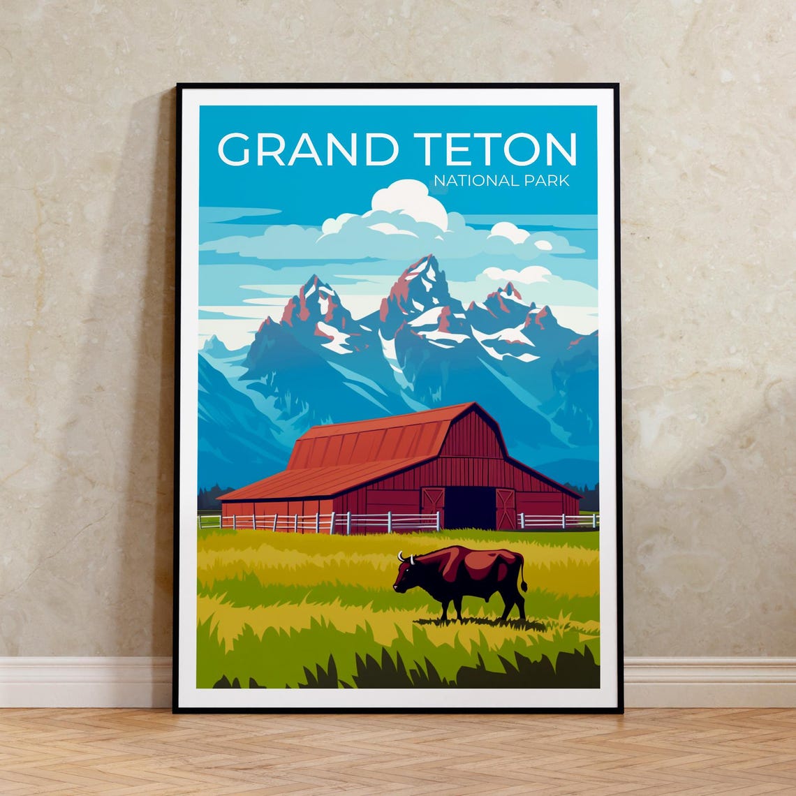 Grand Teton National Park Red Barn Bison Meadow Mountain View Poster