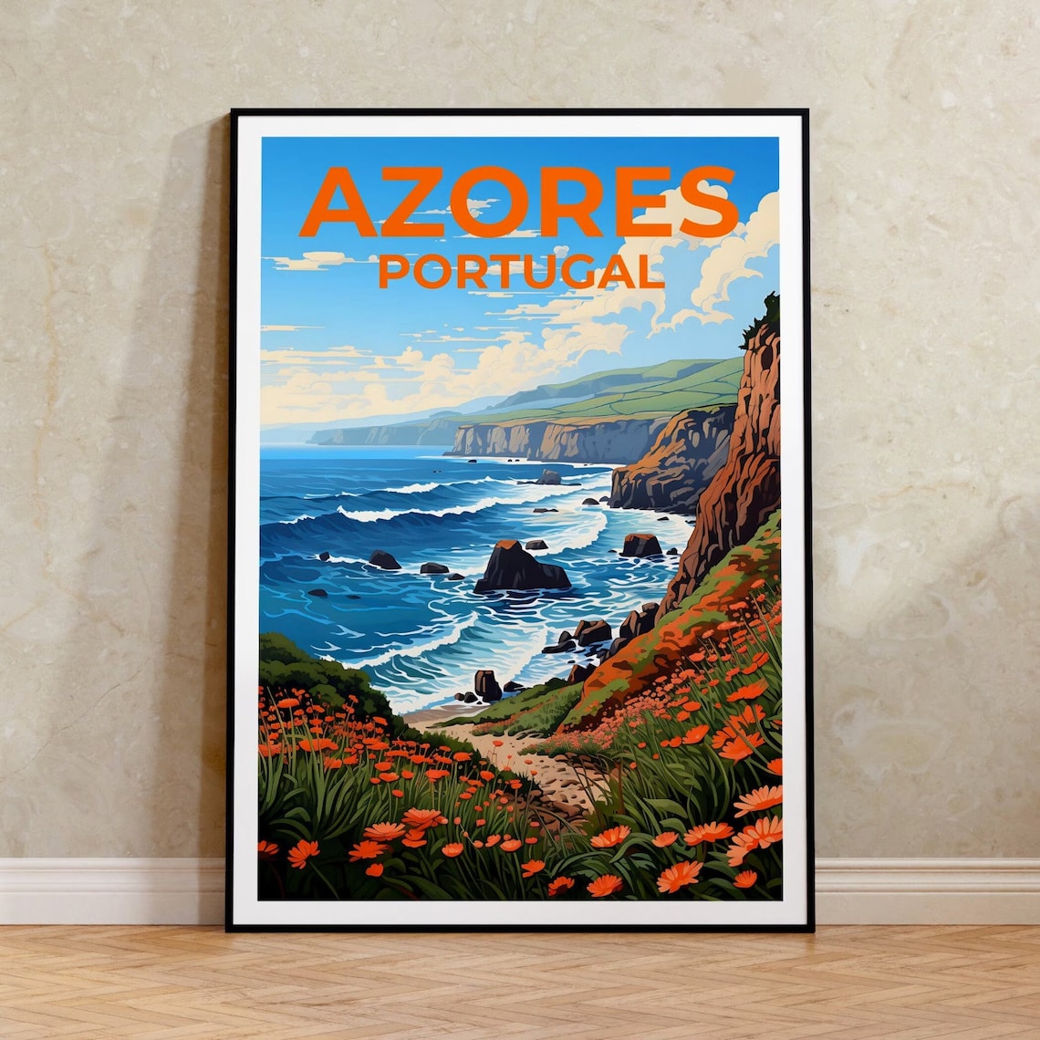 Azores Portugal Wildflower Cliff Coast Atlantic Ocean View Poster