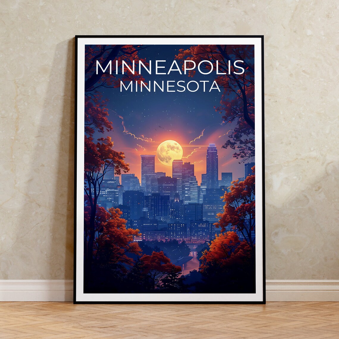 Minneapolis Minnesota Moonlit Skyline Autumn Trees Night Travel Poster