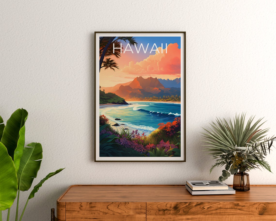 Hawaii Island Beach Sunset Surf Waves Palm Tree Coast Poster - Image 3
