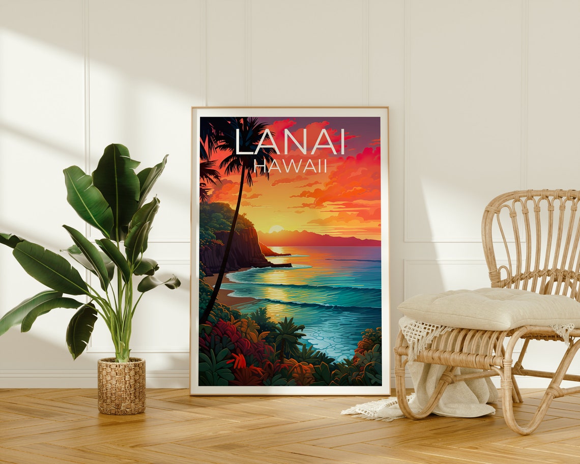 Lanai Hawaii Beach Sunset Palm Tree Ocean View Tropical Travel Poster - Image 2