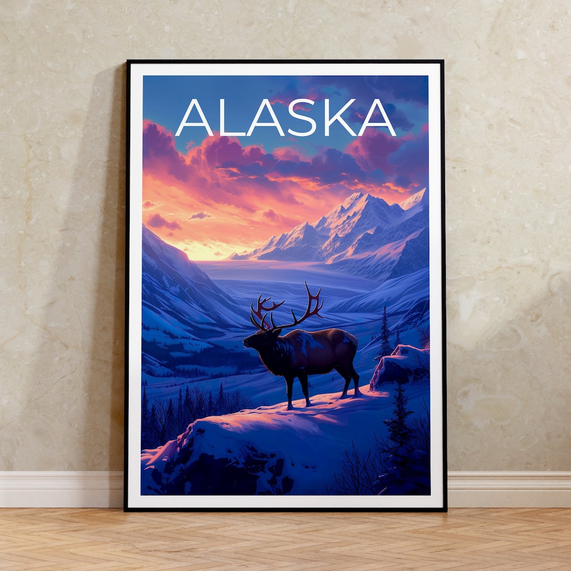 Alaska Sunset Elk on Snowy Mountain Ridge Winter Travel Poster