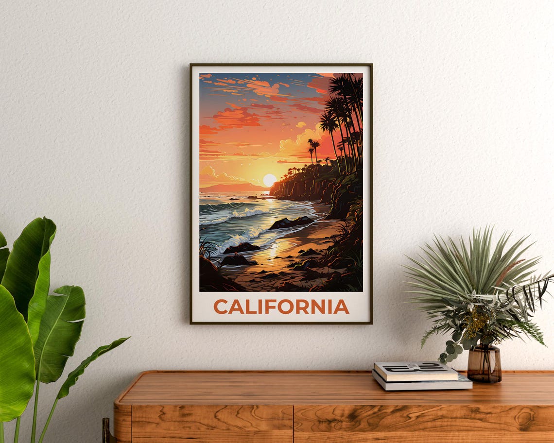 California Southern Beach Sunset Palm Cliffs Ocean Waves Travel Poster - Image 3