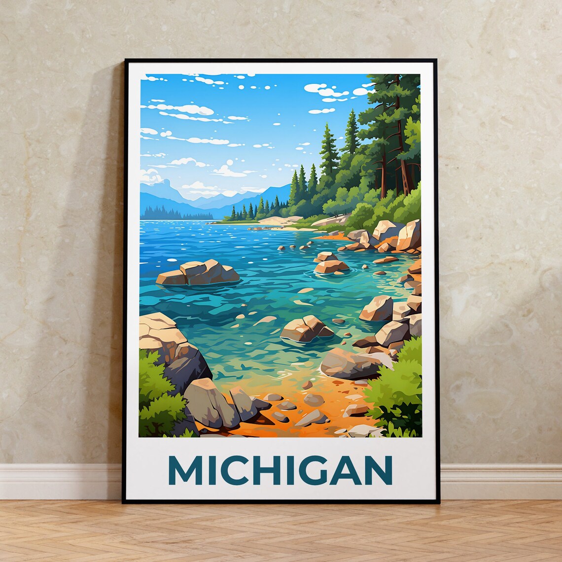 Michigan Travel Poster, Lake Michigan Forest Print