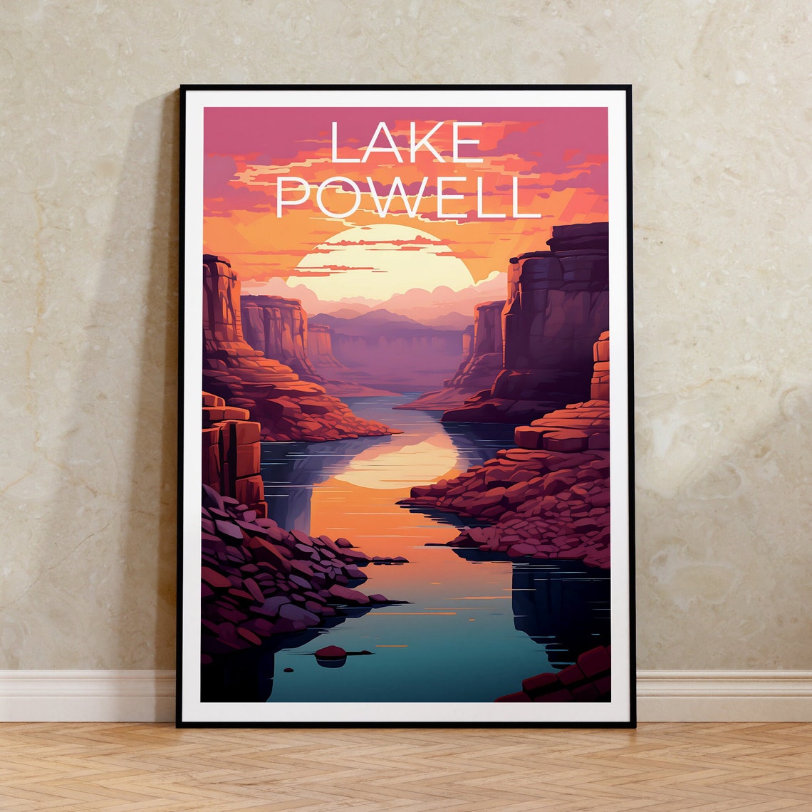 Lake Powell Arizona Red Rock Canyon Waterway Sunset View Travel Poster
