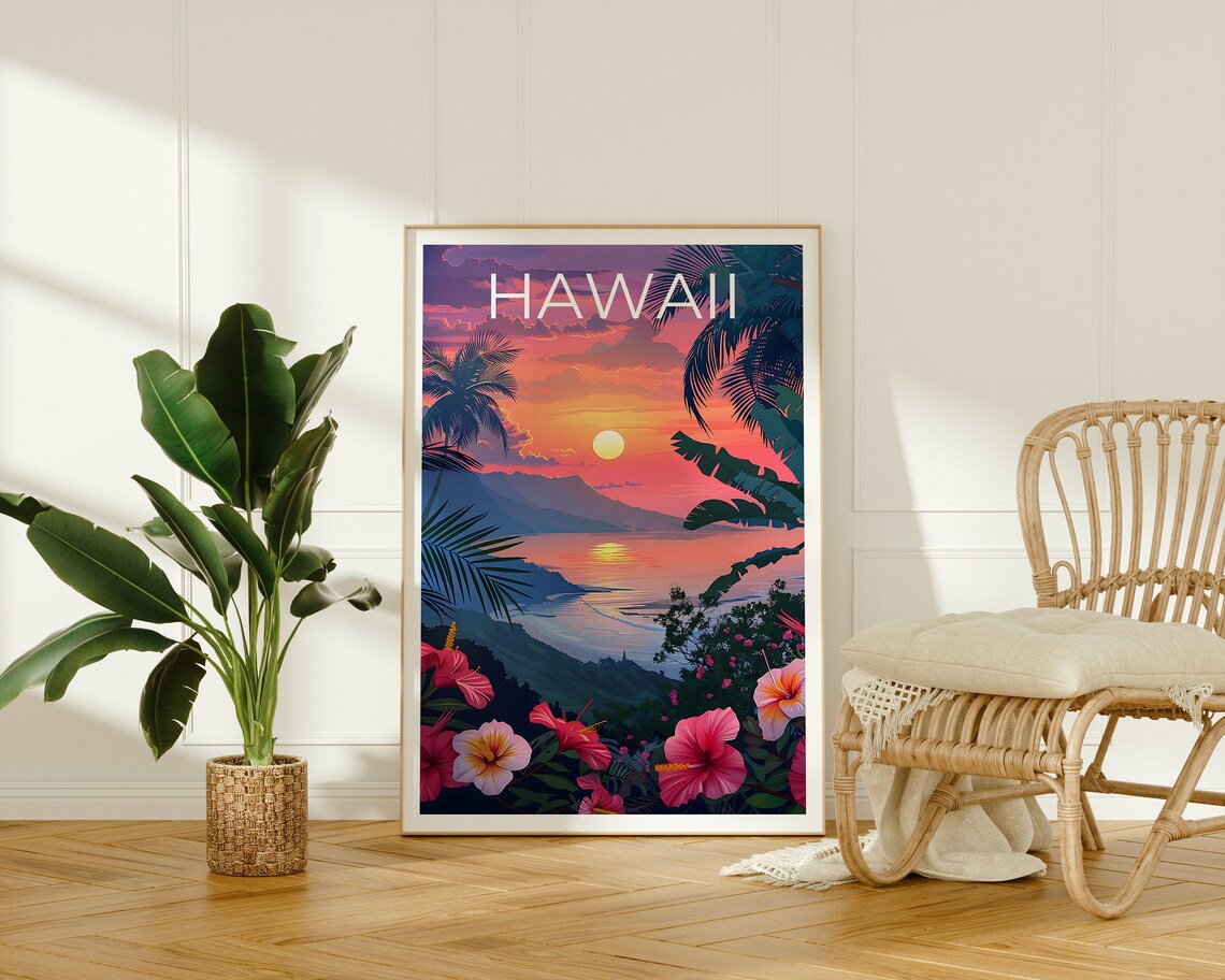 Hawaii Sunset Ocean Bay Palm Trees Hibiscus Flower View Poster - Image 2