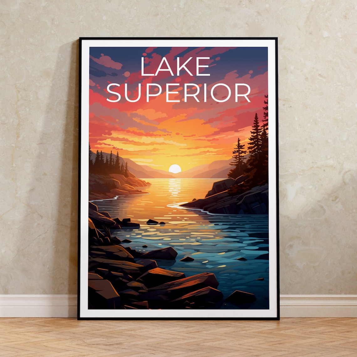 Lake Superior Sunset Rocky Shoreline Pines Great Lakes Travel Poster