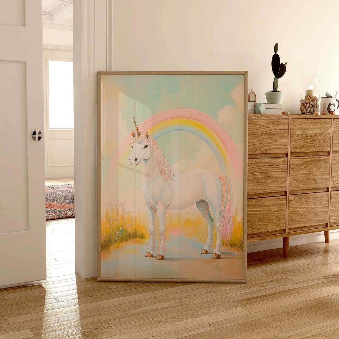 White Unicorn Standing Under Rainbow Pastel Meadow Fantasy Poster - Image 4