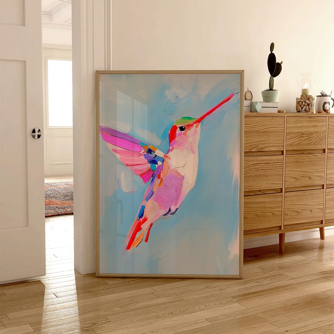 Rainbow Hummingbird in Flight Blue Sky Bird Lover Nature Poster - Image 5