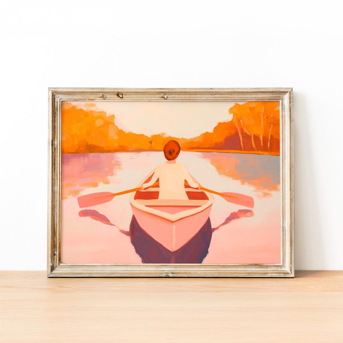 Woman Paddling Pink Canoe On Autumn Lake At Golden Sunset Poster - Image 3