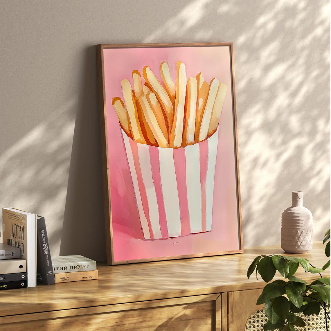 French Fries in a Pink Striped Cup on Pink Fun Kitchen Decor Poster - Image 2