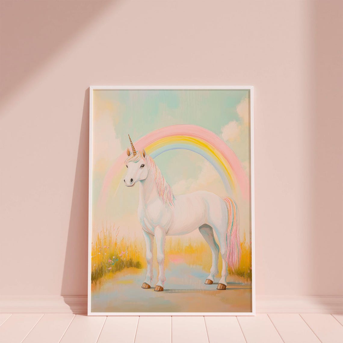 White Unicorn Standing Under Rainbow Pastel Meadow Fantasy Poster - Image 5