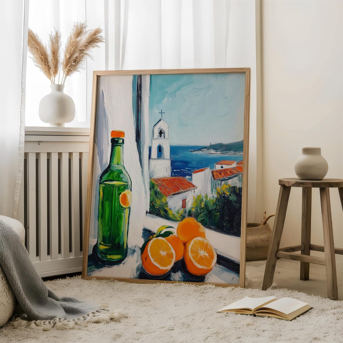 Green Wine Bottle With Oranges Mediterranean Coast Window Poster - Image 4