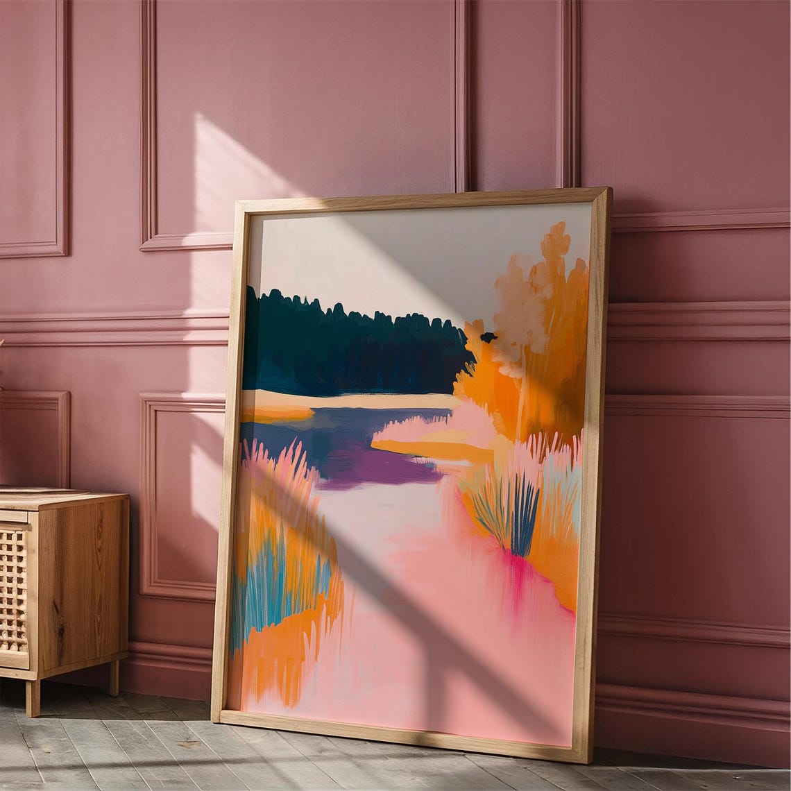 Autumn Lake Reeds Abstract Pink Water Fall Nature Landscape Poster - Image 3
