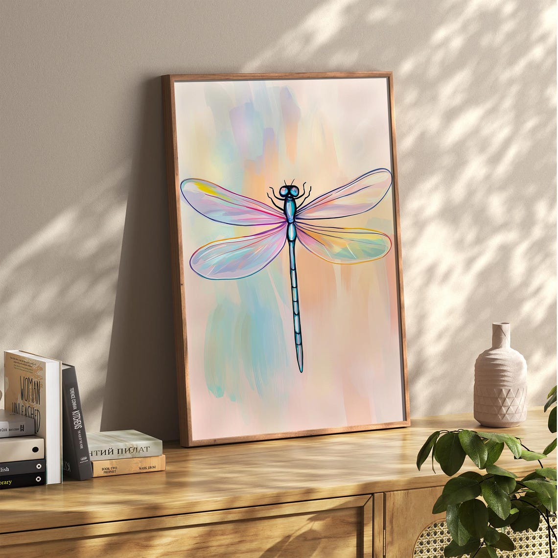 Rainbow Dragonfly With Iridescent Wings Pastel Insect Decor Poster - Image 2
