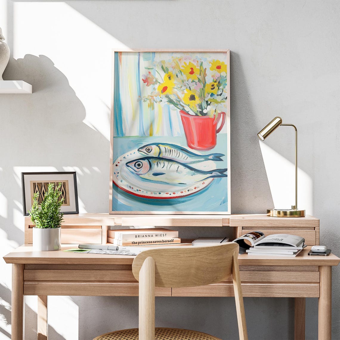 Two Fish on Plate With Wildflowers Coastal Kitchen Still Life Poster - Image 3