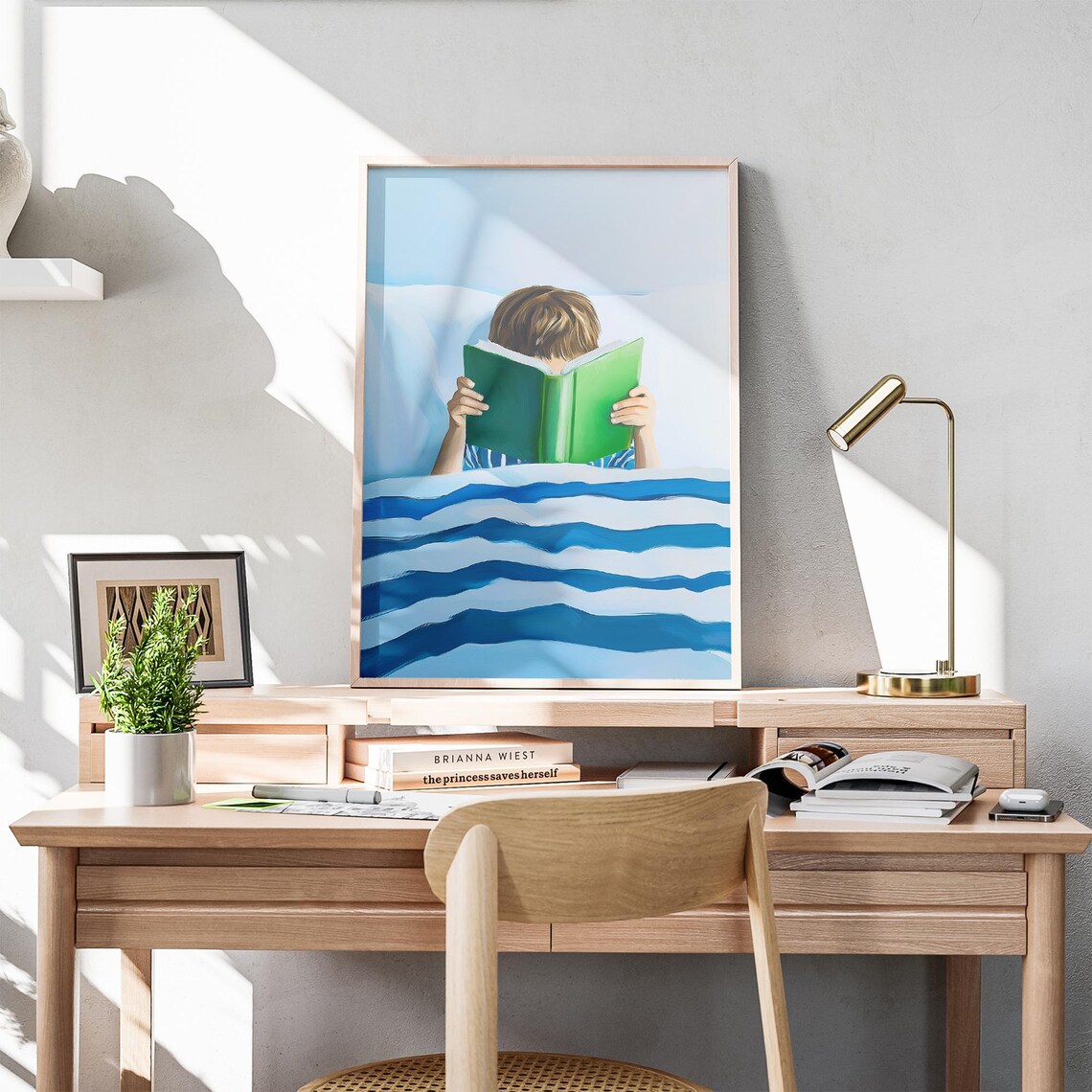 Little Boy Reading Green Book in Striped Bed Blue Bedroom Poster - Image 5