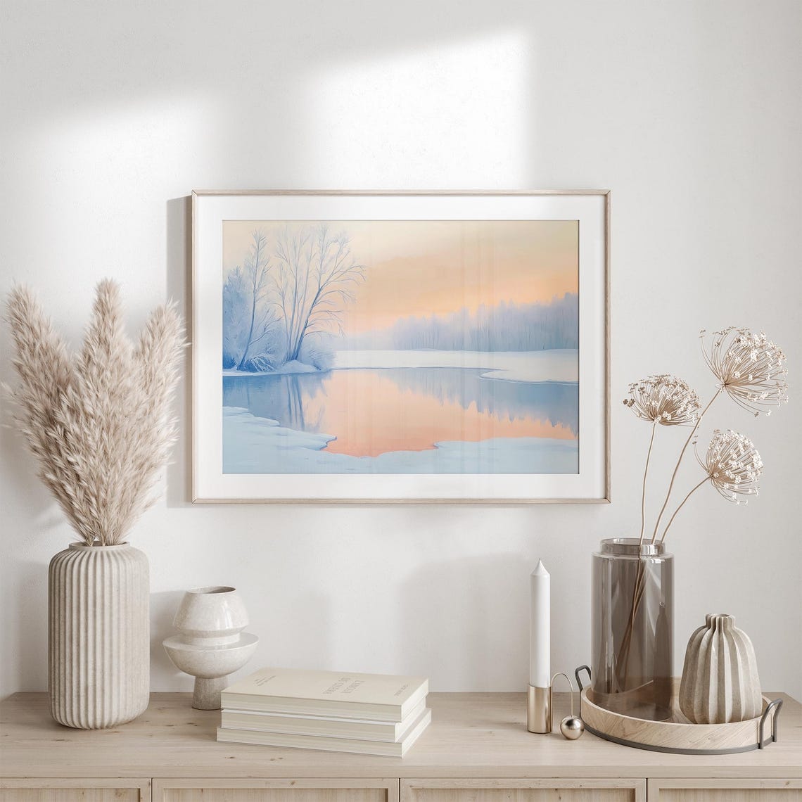 Frozen Lake At Dawn With Frost Covered Birch Trees Winter Poster - Image 6