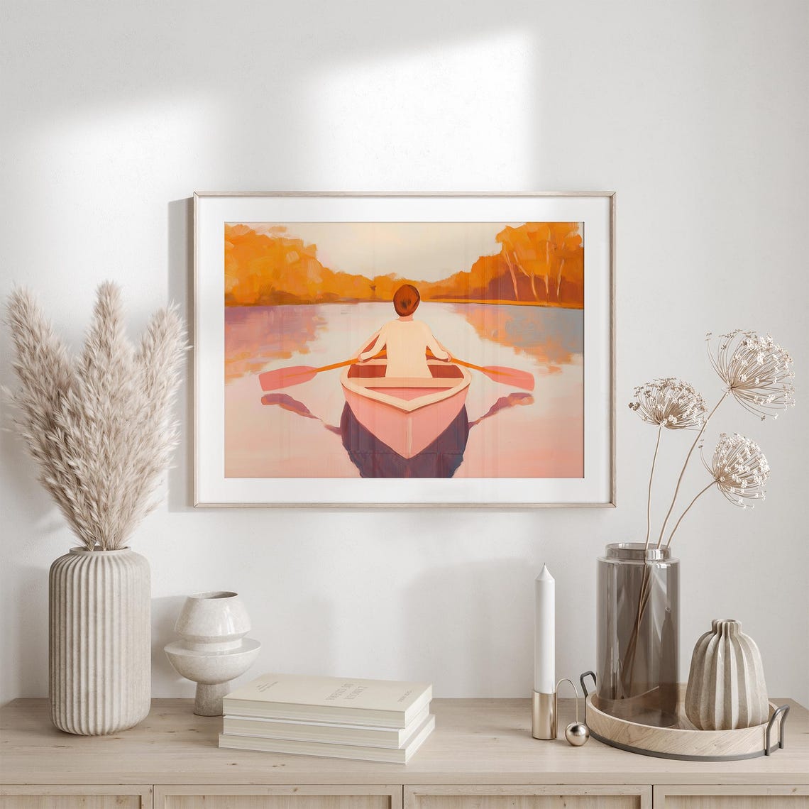 Woman Paddling Pink Canoe On Autumn Lake At Golden Sunset Poster - Image 2