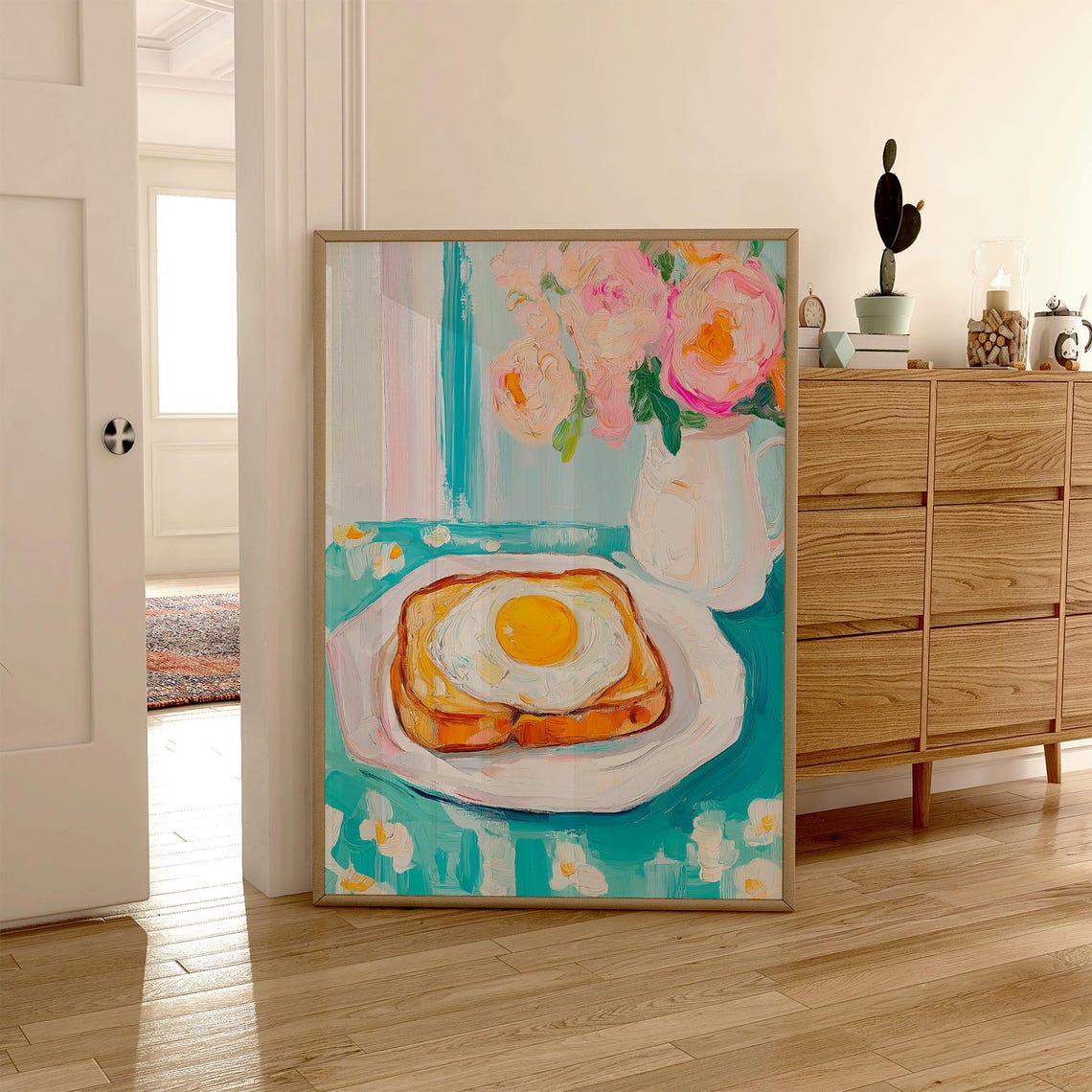Fried Egg Toast With Peonies Turquoise Breakfast Table Poster - Image 5