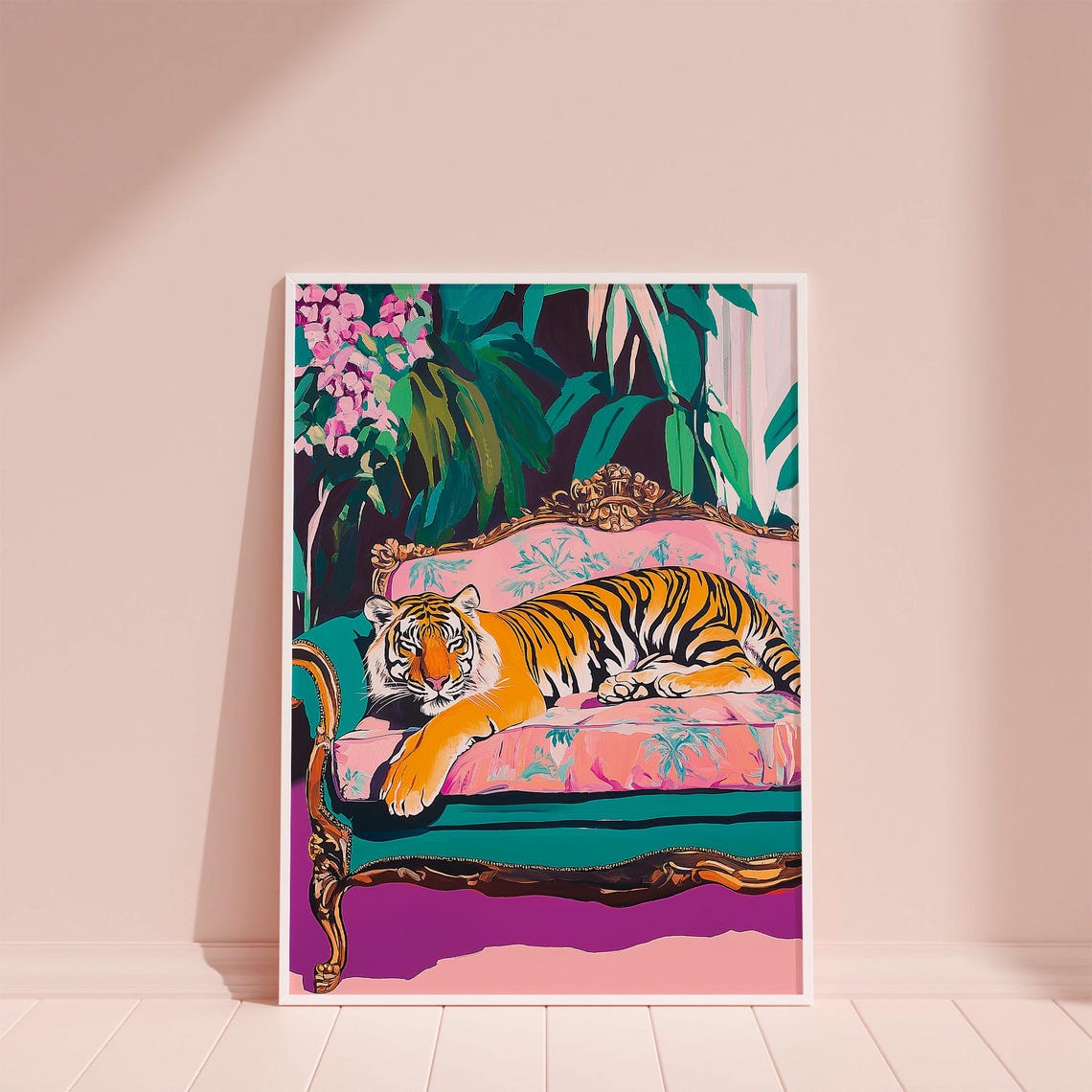 Bold Tiger Lounging on Pink Vintage Sofa in Tropical Jungle Poster - Image 2