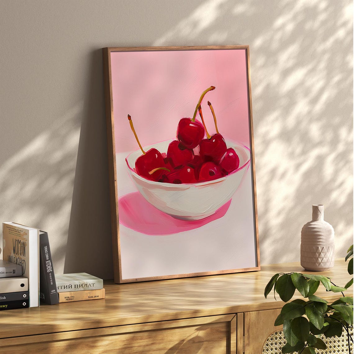 Bowl of Red Cherries Pink Background Summer Fruit Kitchen Poster - Image 6