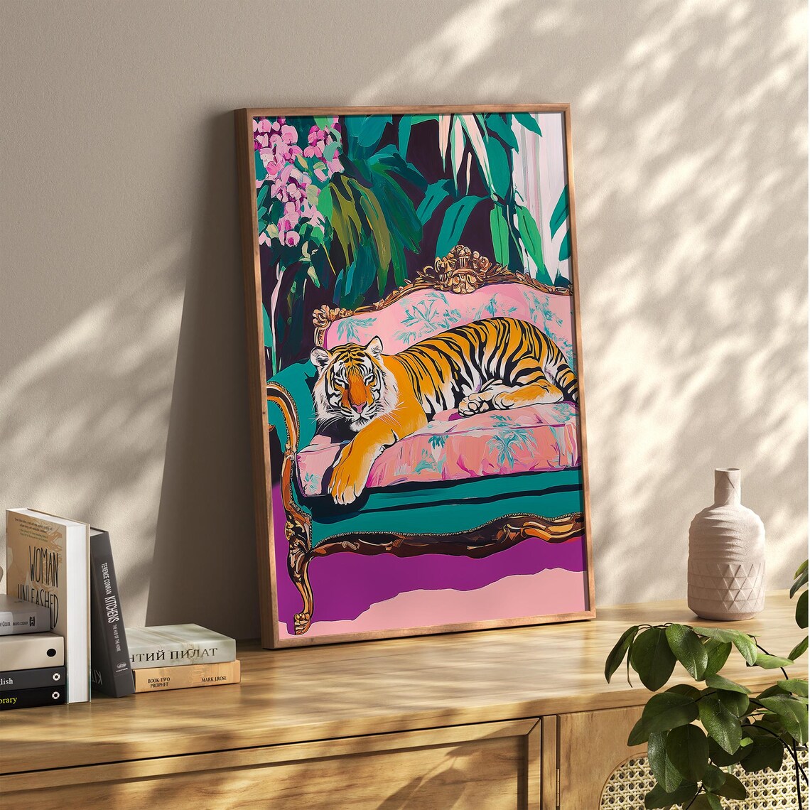 Bold Tiger Lounging on Pink Vintage Sofa in Tropical Jungle Poster - Image 6