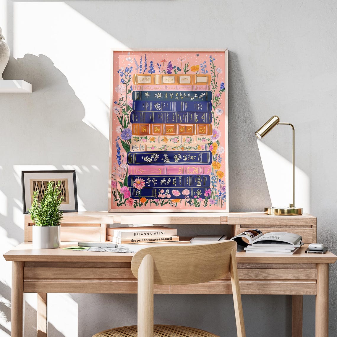 Wildflower Book Stack Reading Nook Colorful Library Lover Wall Art - Image 5