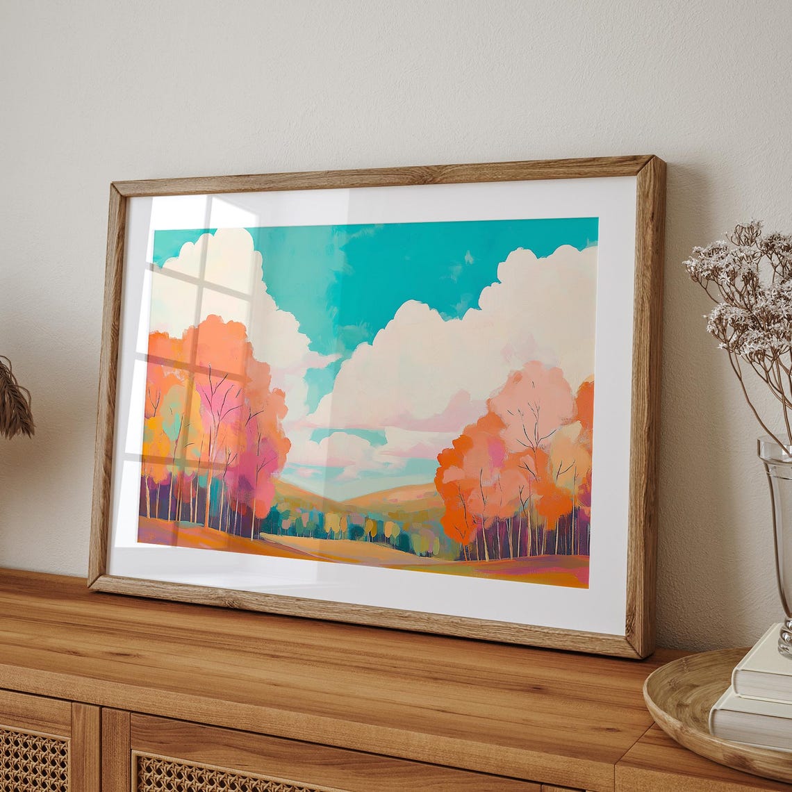 Autumn Forest Path Under Vivid Turquoise Sky With Clouds Poster - Image 3
