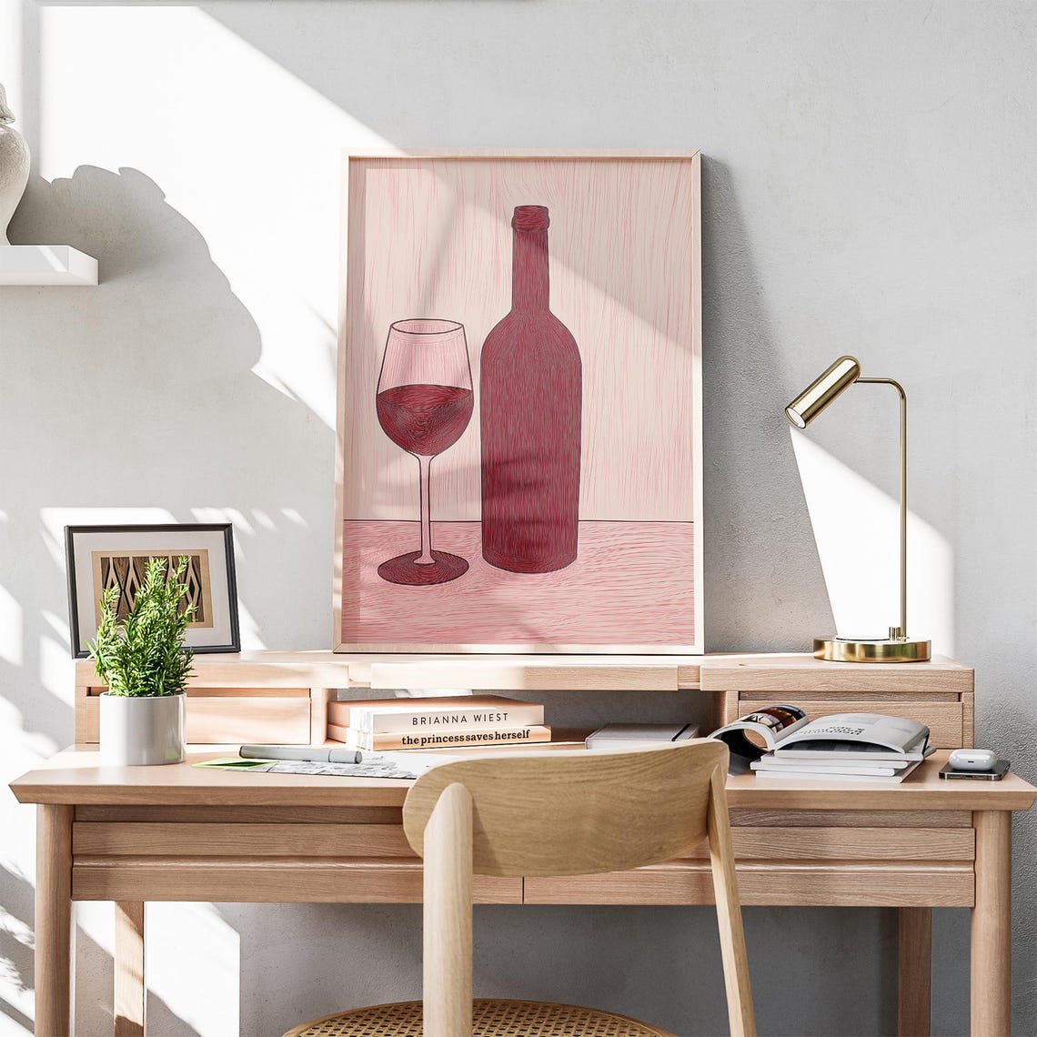 Red Wine Bottle and Wine Glass on Blush Pink Kitchen Decor Poster - Image 6