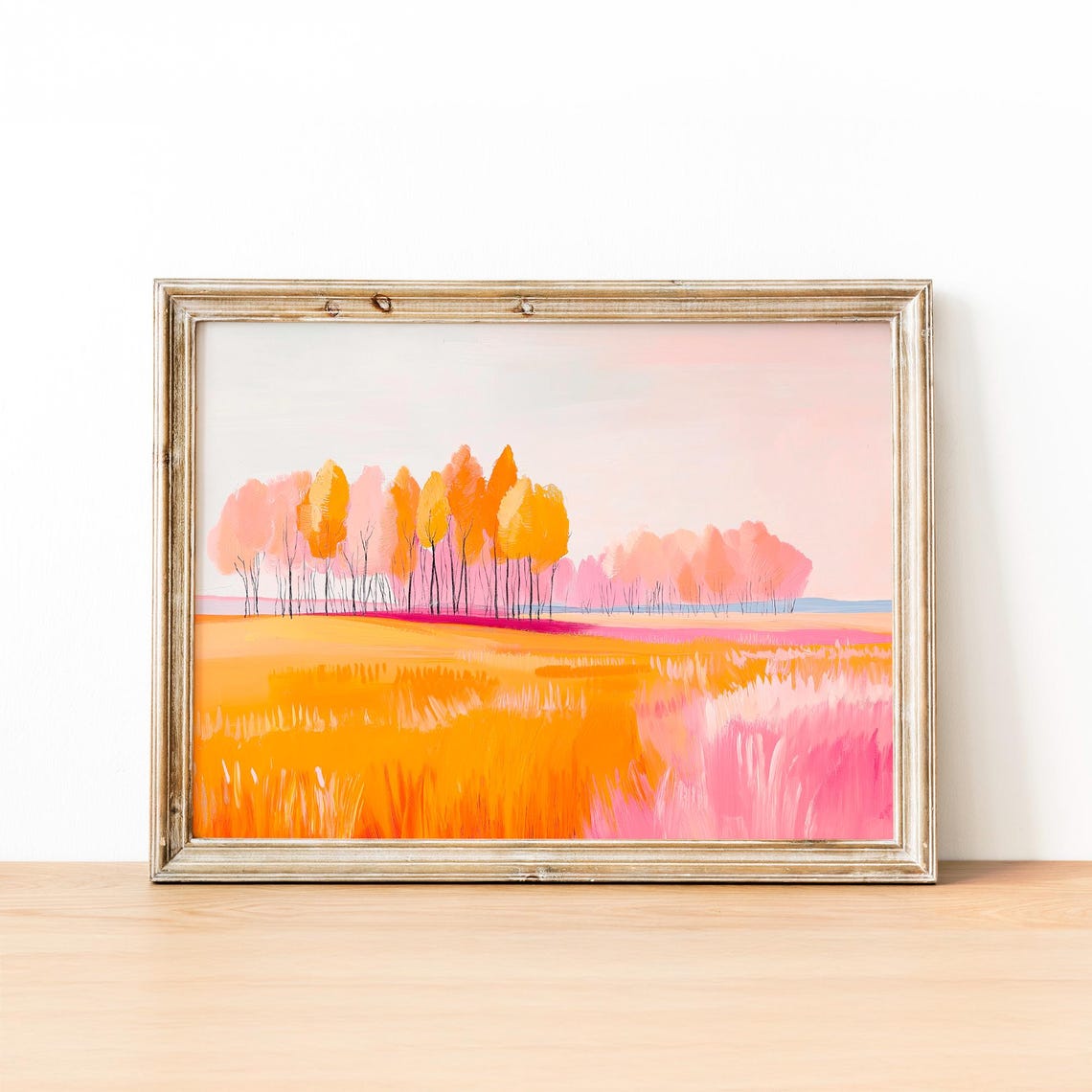 Golden Autumn Meadow With Coral Pink Trees Fall Landscape Poster - Image 2
