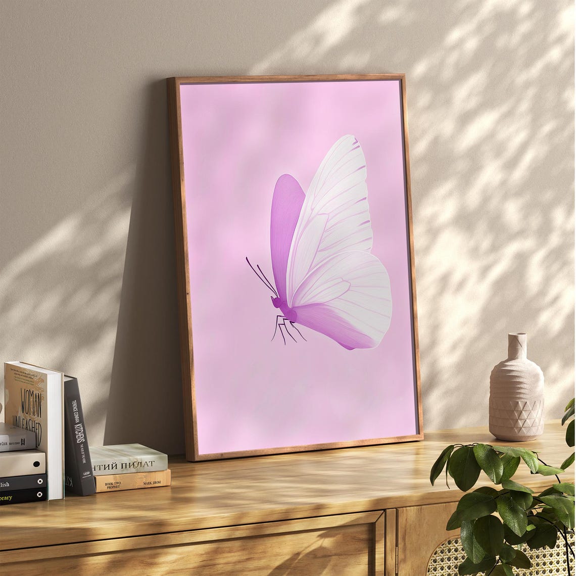 Delicate Pink and White Butterfly on Blush Pink Insect Poster - Image 2