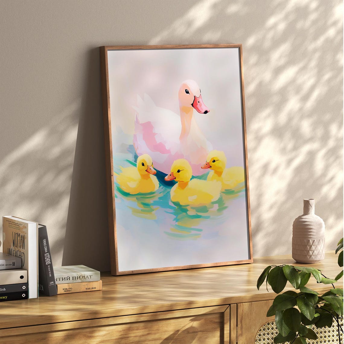 Pastel Mama Duck with Yellow Ducklings Swimming Cute Nursery Poster - Image 5