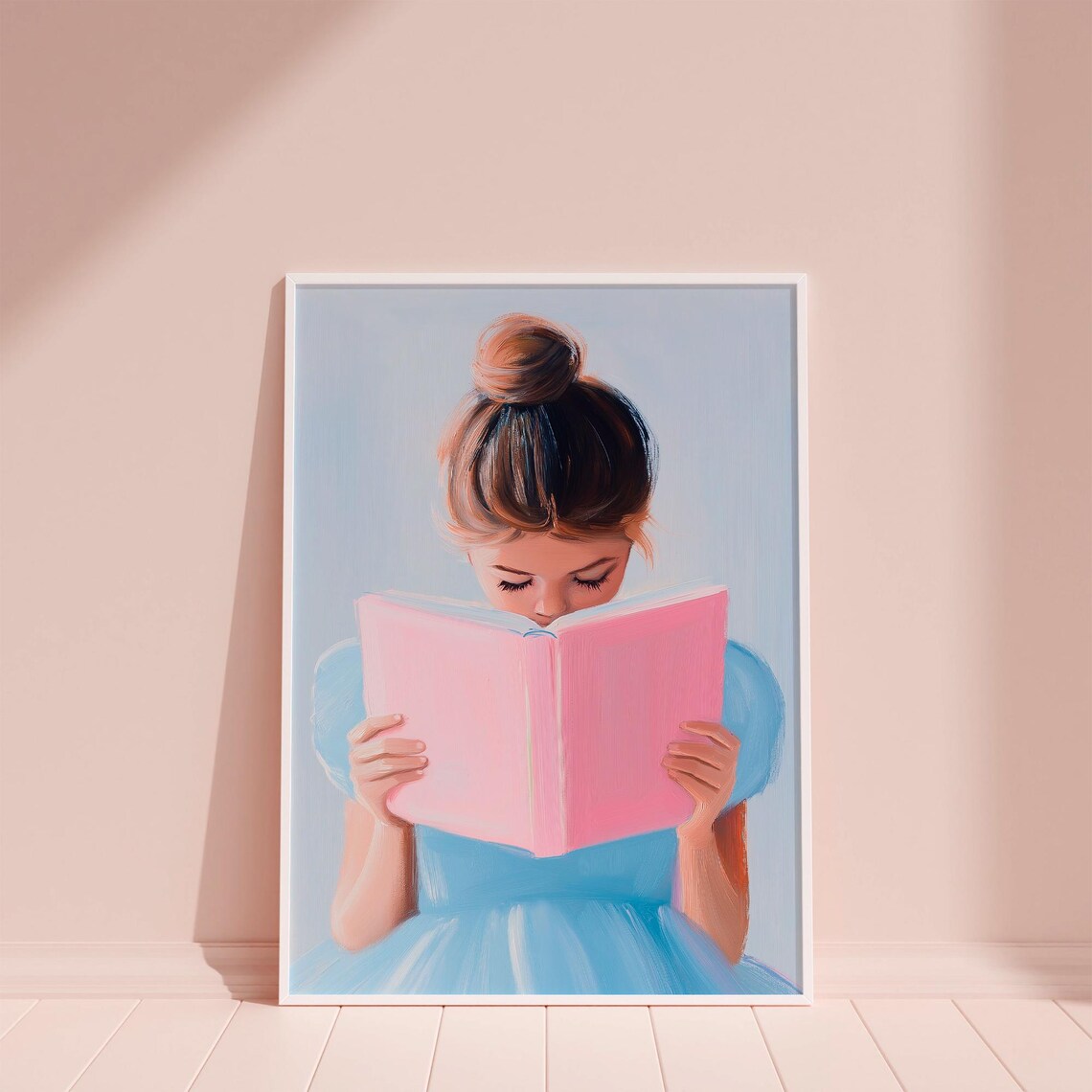 Girl With Top Bun Reading Pink Book Pastel Blue Nursery Poster - Image 6