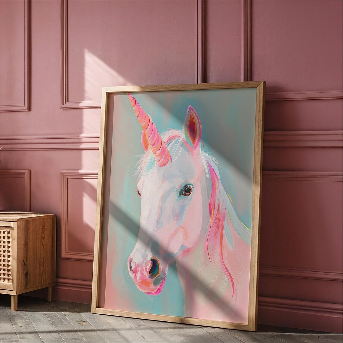 Pastel White Unicorn Portrait With Rainbow Horn Fantasy Art Poster - Image 6