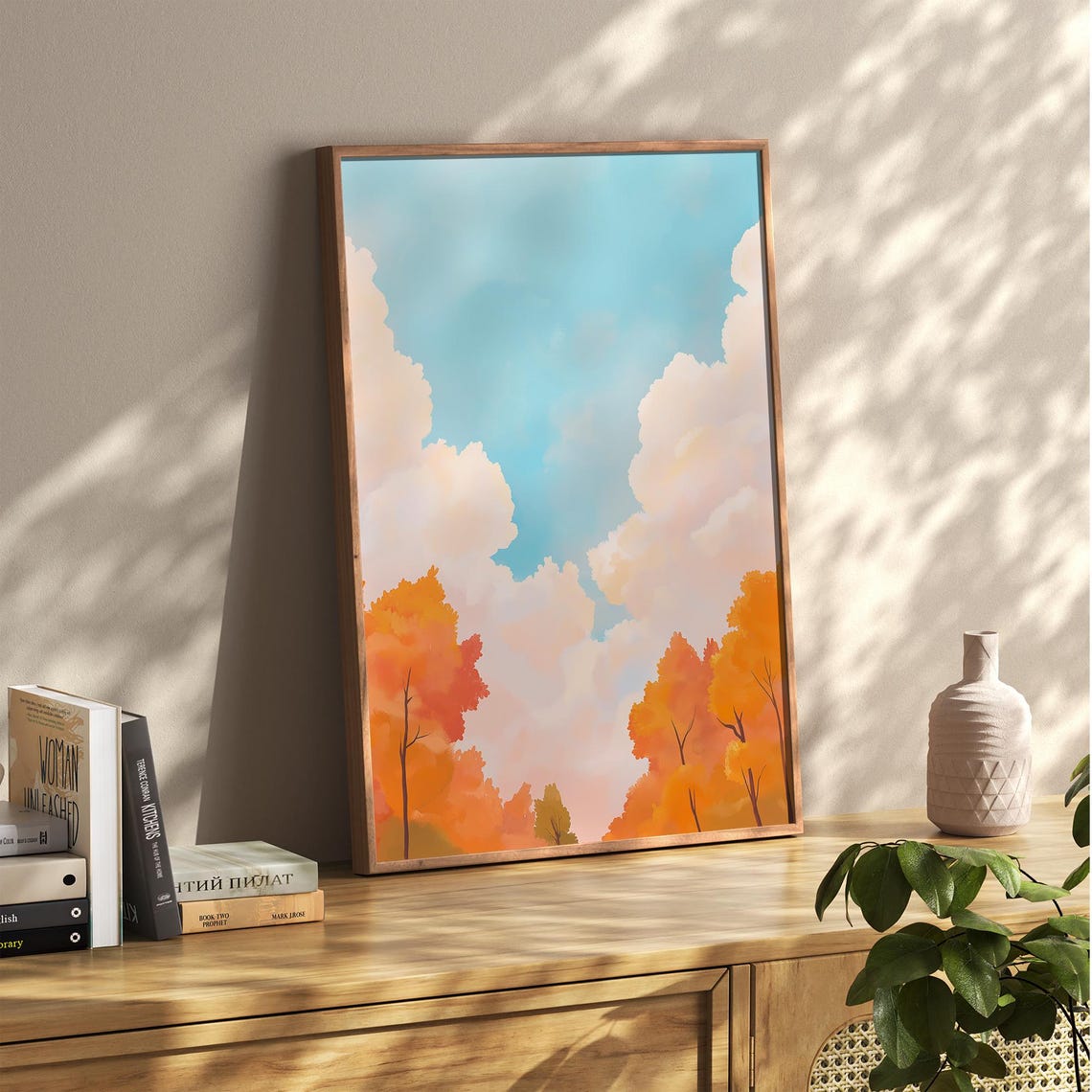 Orange Autumn Trees Under Big Billowing Clouds Fall Sky Poster - Image 2