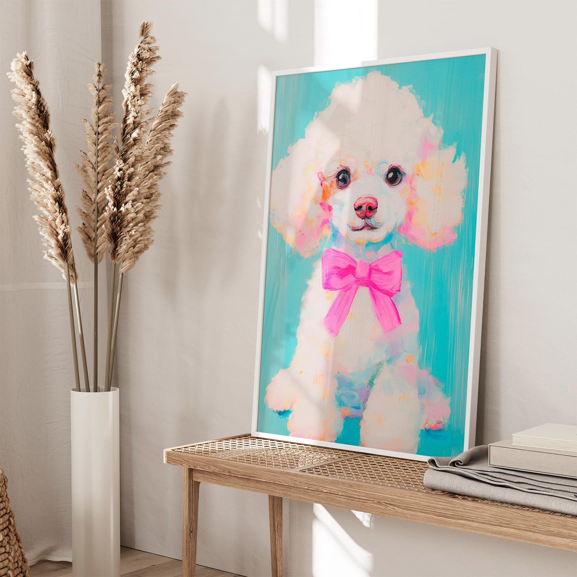 White Poodle Puppy With Pink Bow Turquoise Dog Portrait Poster - Image 2