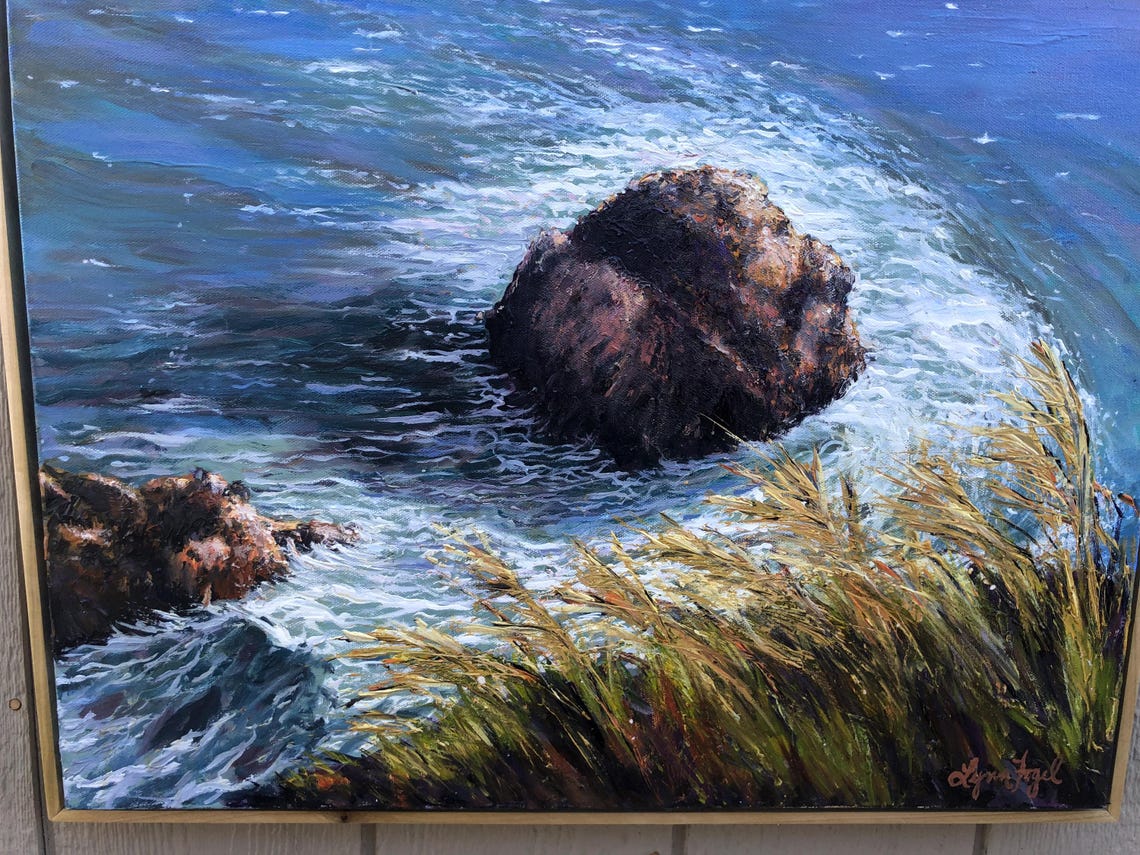 Point Reyes Ocean Lone Rock Waves Grassy Cliffs Painting Poster - Image 2