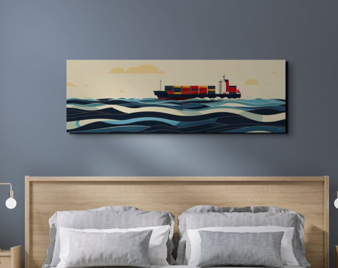 Panoramic Cargo Ship In Ocean Wall Art Print