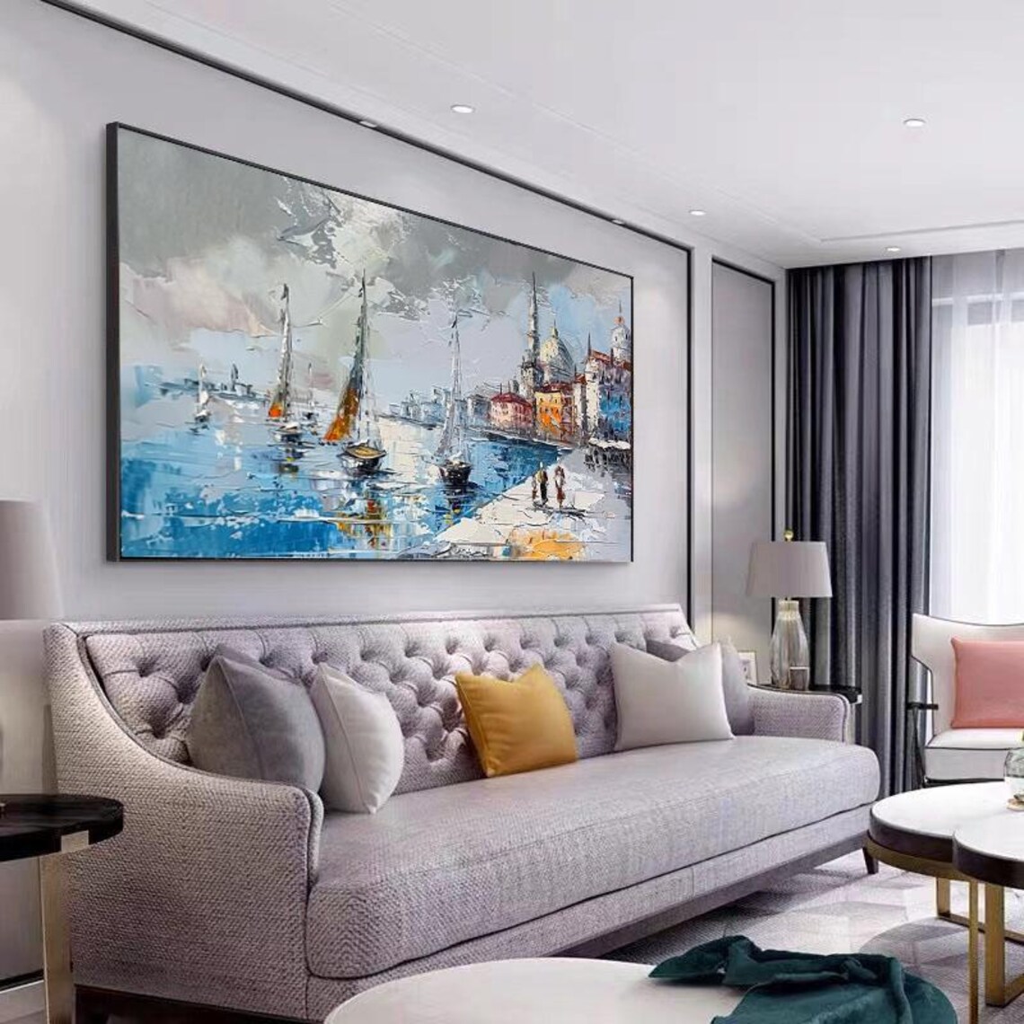 Sailboats In European Harbor Coastal Town Scene Painting Poster - Image 2