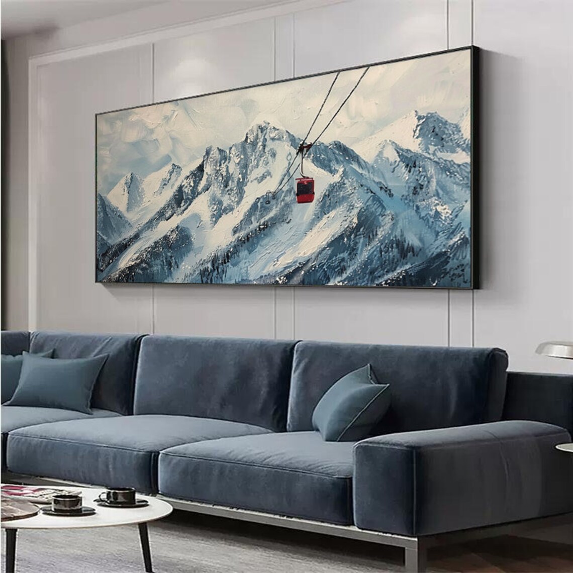 Serene Snowy Alpine Peaks With a Red Cable Car Winter Scene Poster - Image 4
