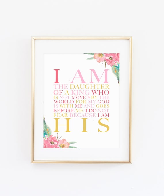 I Am His Christian Wall Art Daughter Of A King Nursery Print Pink Gold Girls Room Decor New Baby Gift Shower Any Size