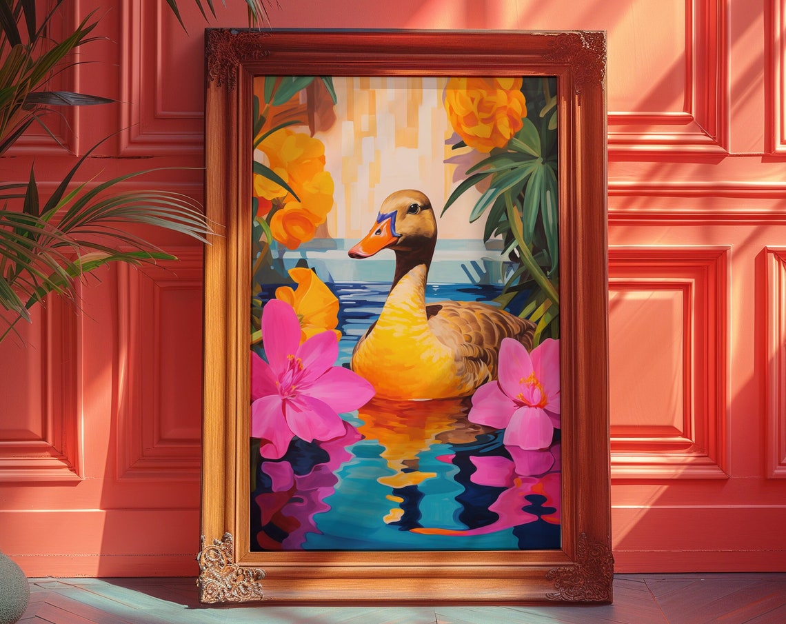 Yellow Duck Pond Pink Flowers Cute Wildlife Illustration Art Poster