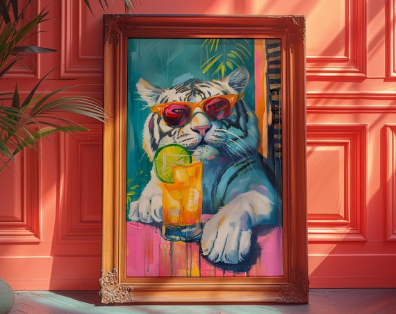 Tiger Poster Bar Cart Print Trendy Wall Art Maximalist Decor Dopamine Art Dorm Decor Preppy Wall Art Tiger Art Print Kitchen Poster