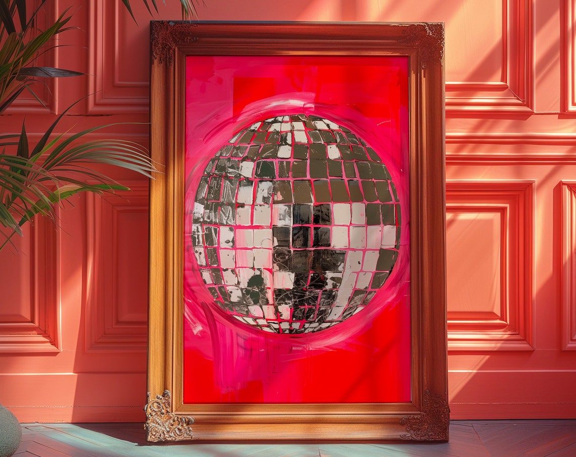 Shimmering Disco Ball on a Bold Red Background Pop Art Poster