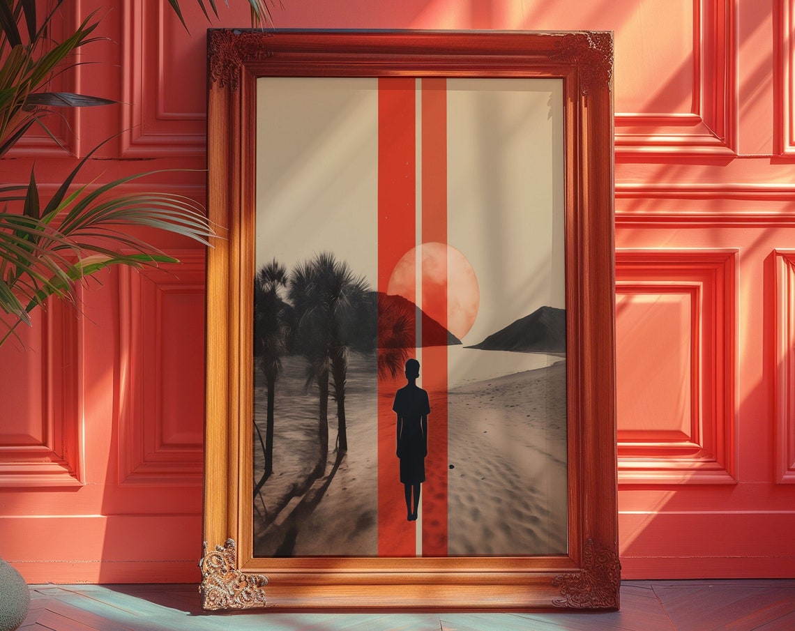 Woman Silhouette on a Beach at Sunset with Palm Trees Poster