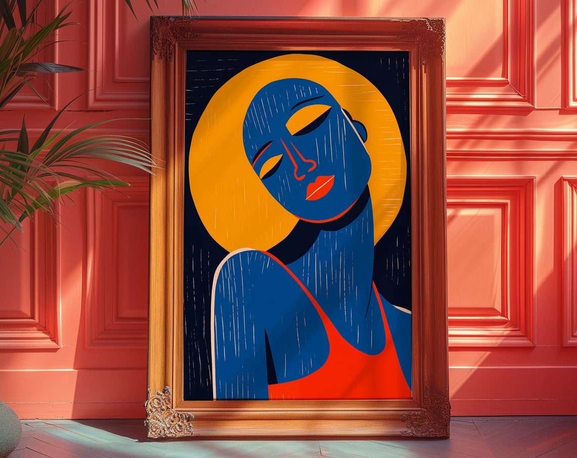 Abstract Blue Woman Silhouette with a Golden Halo Moon Poster