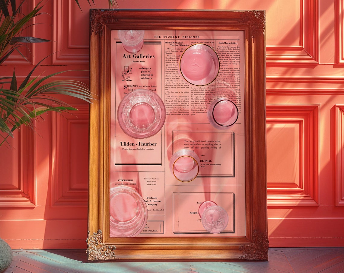 Pink Newspaper Typography Collage with Floating Glass Discs Poster