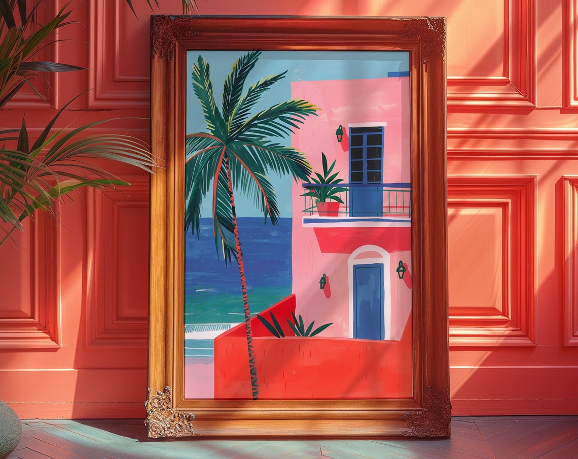 Pink Mediterranean Coastal House Palm Tree Blue Ocean Art Poster
