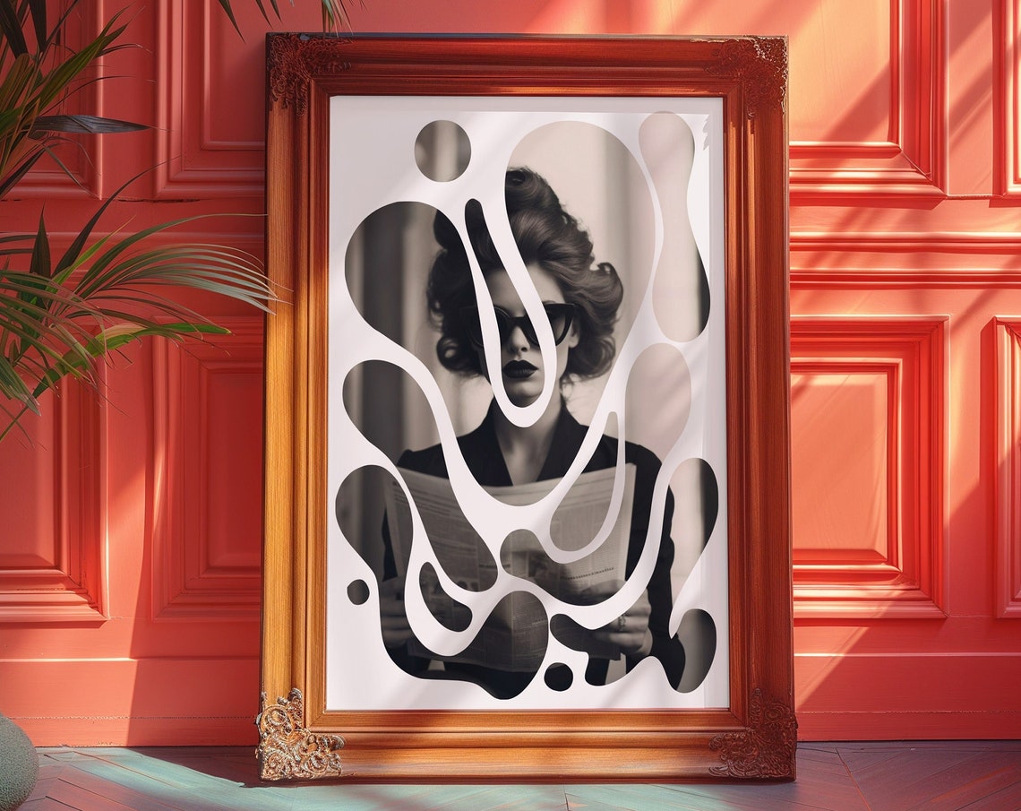 Retro Black and White Woman with Abstract Organic Blobs Poster